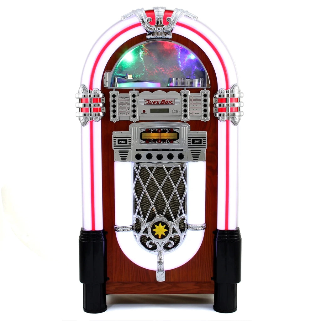 Jukebox Retrò Sistema Audio Anni '50 Stereo FM Radio Bluetooth AUX MP3 USB e Porta CD