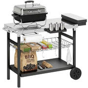 Carrello Barbecue da Esterno per Giardino, Tavolo Cucina con Piano in Acciaio Inox, 3 Ripiani, Ganci e Porta Spezie, Nero, Robusto e Pratico