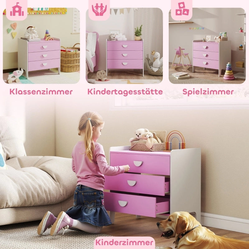 Comò per bambini con 3 cassetti, MDF, rosa e bianco