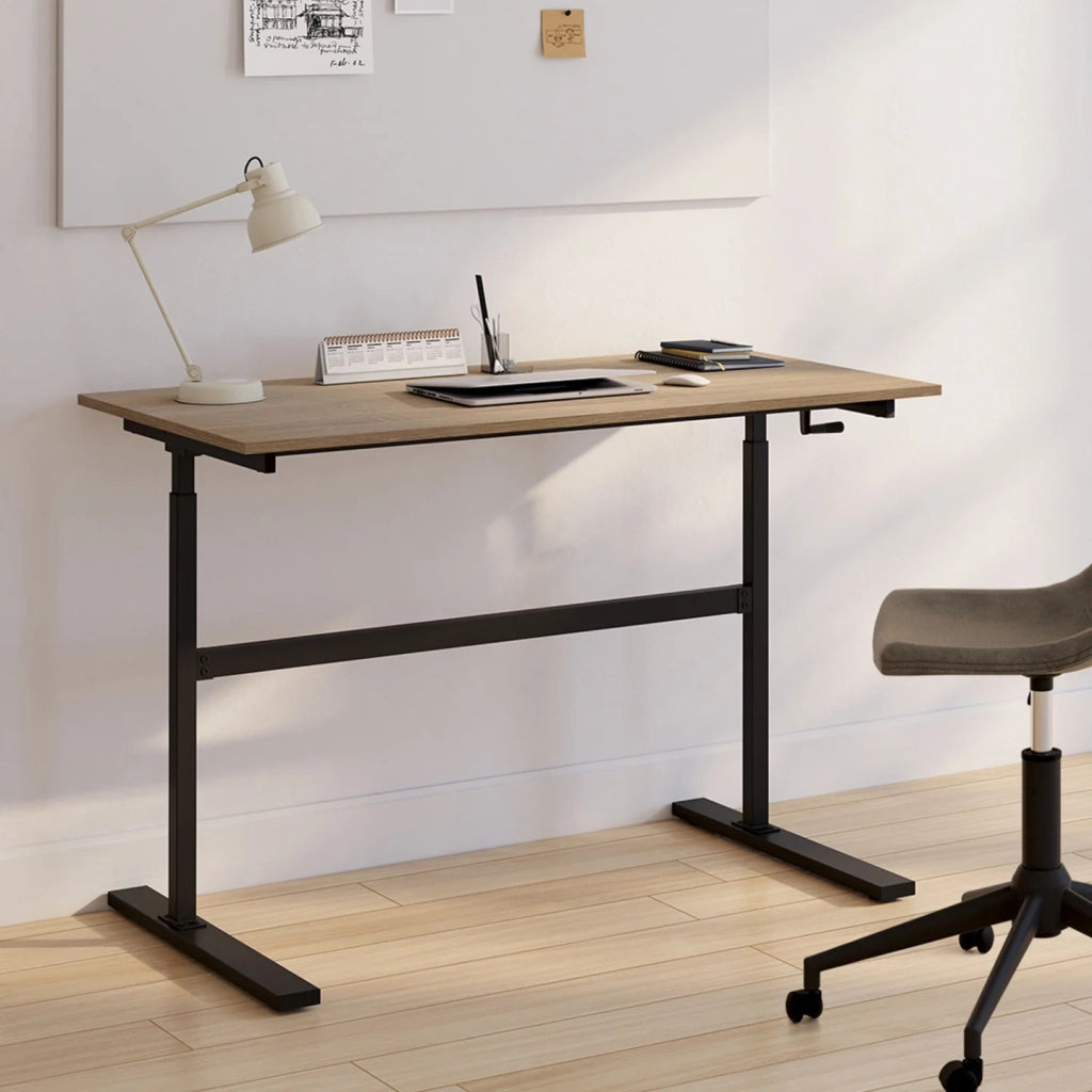 IDMarket - Scrivania JEANNE, diritta, sit/stand con manovella, altezza regolabile da 70 a 120 cm, legno di faggio e nero