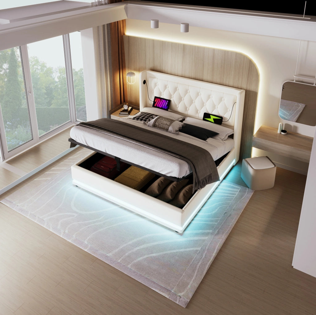 Letto matrimoniale imbottito 160 × 200 cm con contenitore idraulico; LED; USB e USB-C; PU bianco