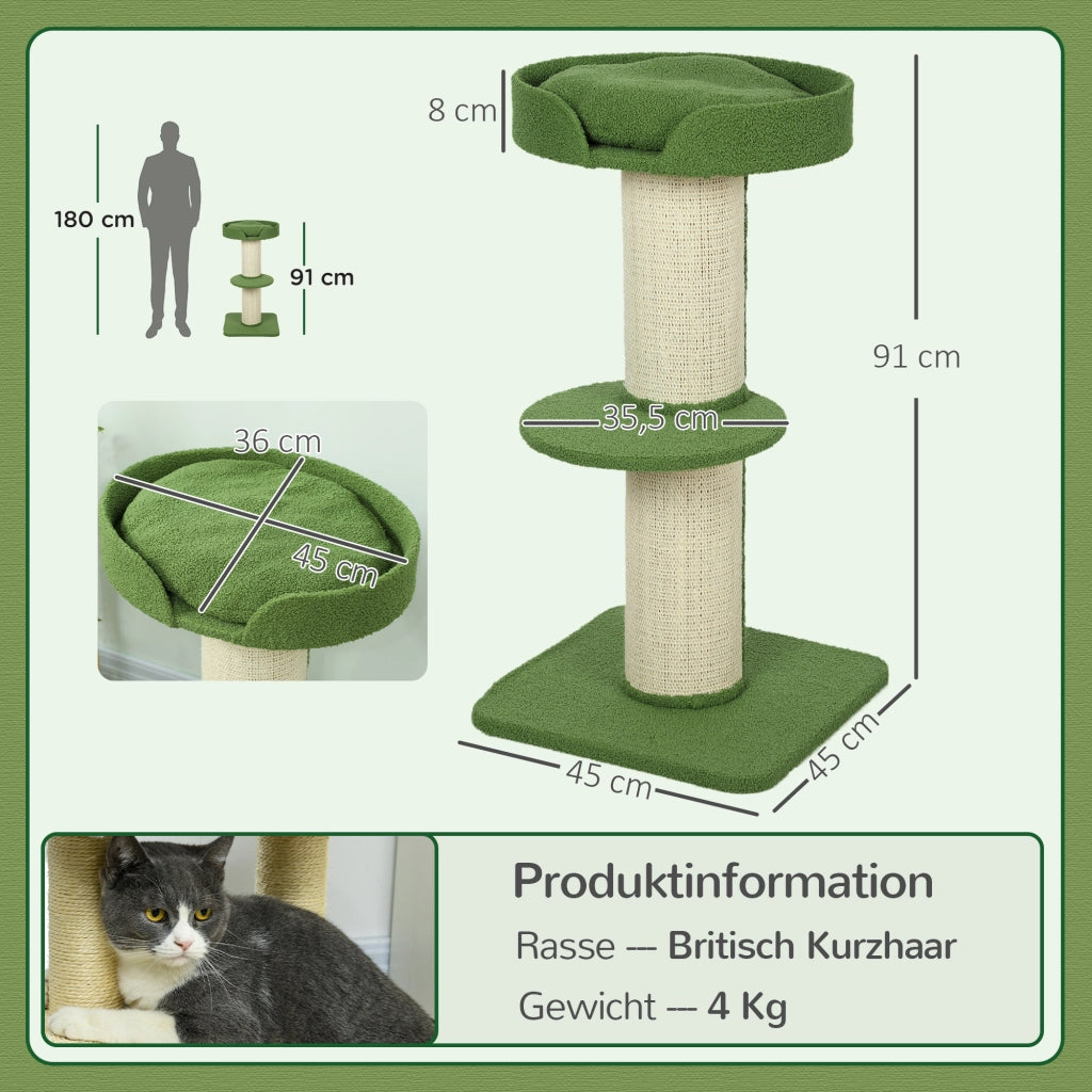 Albero per gatti con cuccia e piattaforma 91cm ¨C Xylo ¨C Lana d'agnello verde