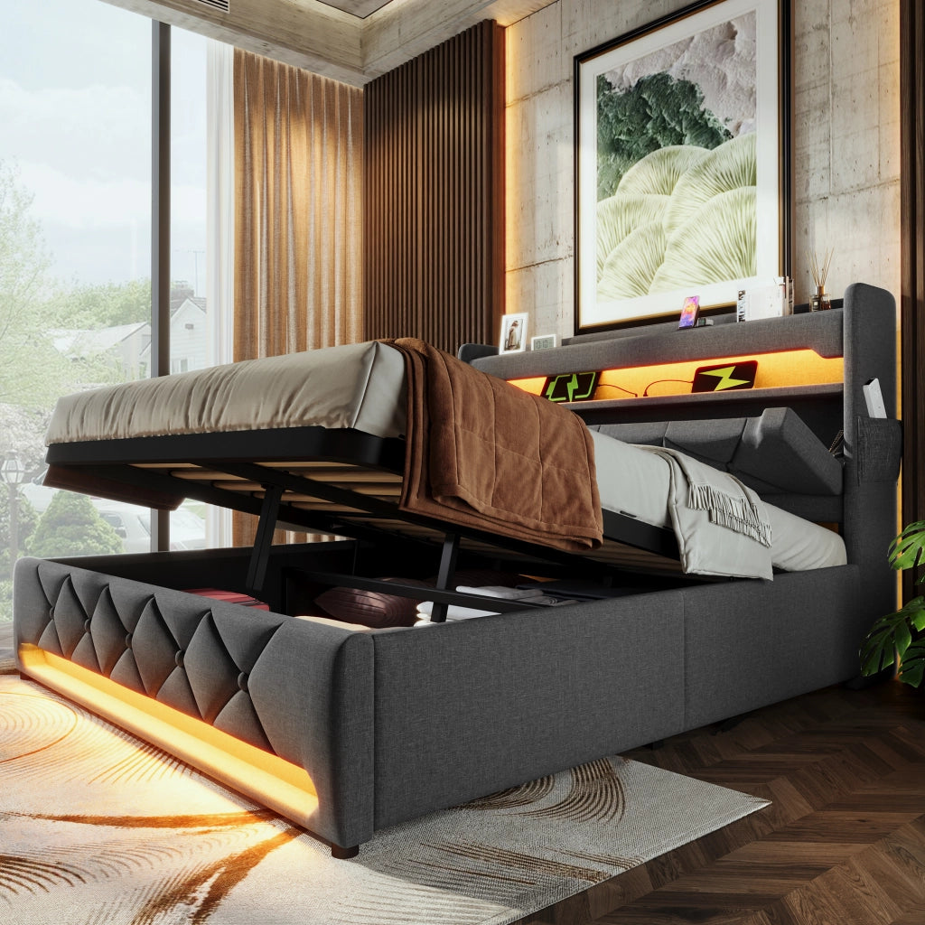 Letto matrimoniale imbottito 140x200 cm con contenitore e LED
