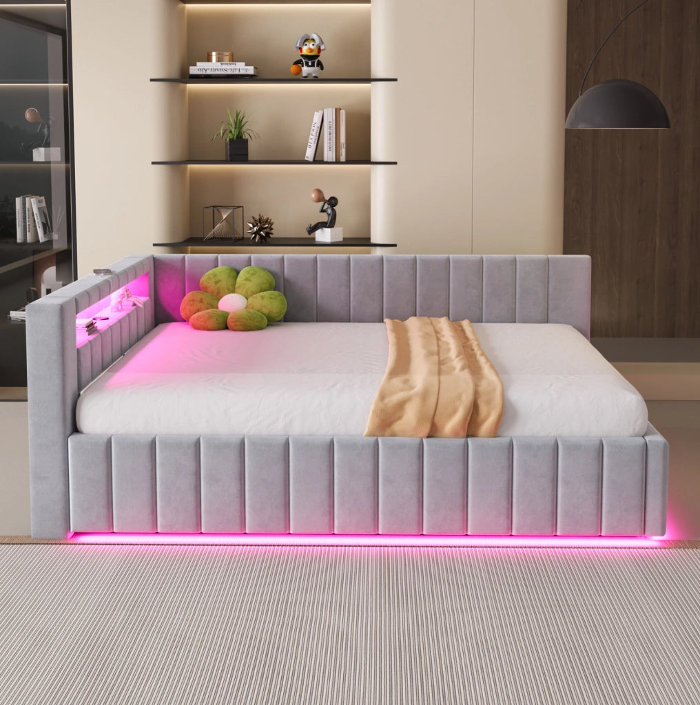 Letto imbottito con contenitore, LED e USB