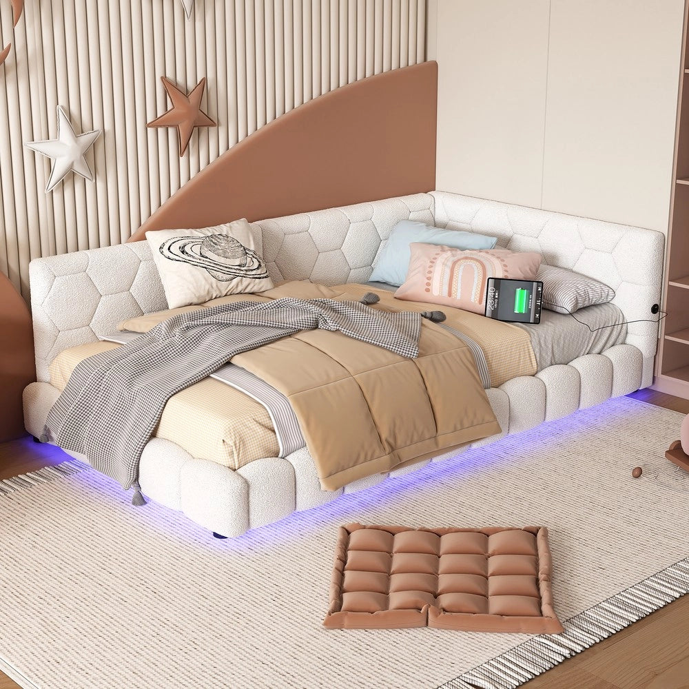 Letto daybett con rete a doghe e LED ¨C Minimal ¨C Bianco similpelle 90x200cm con USB Type-C