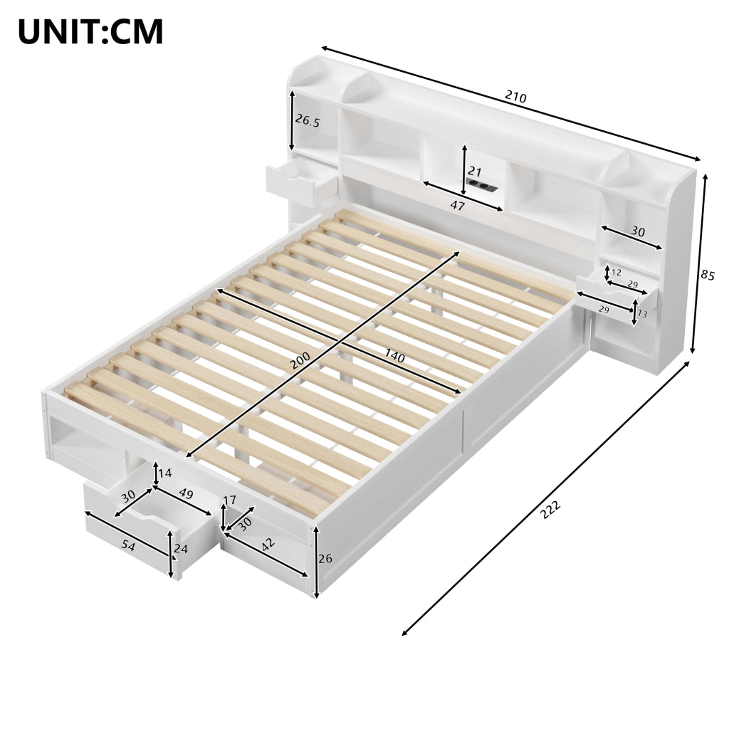 Letto contenitore 140x200 cm con testiera libreria, cassetti, LED e presa USB, bianco