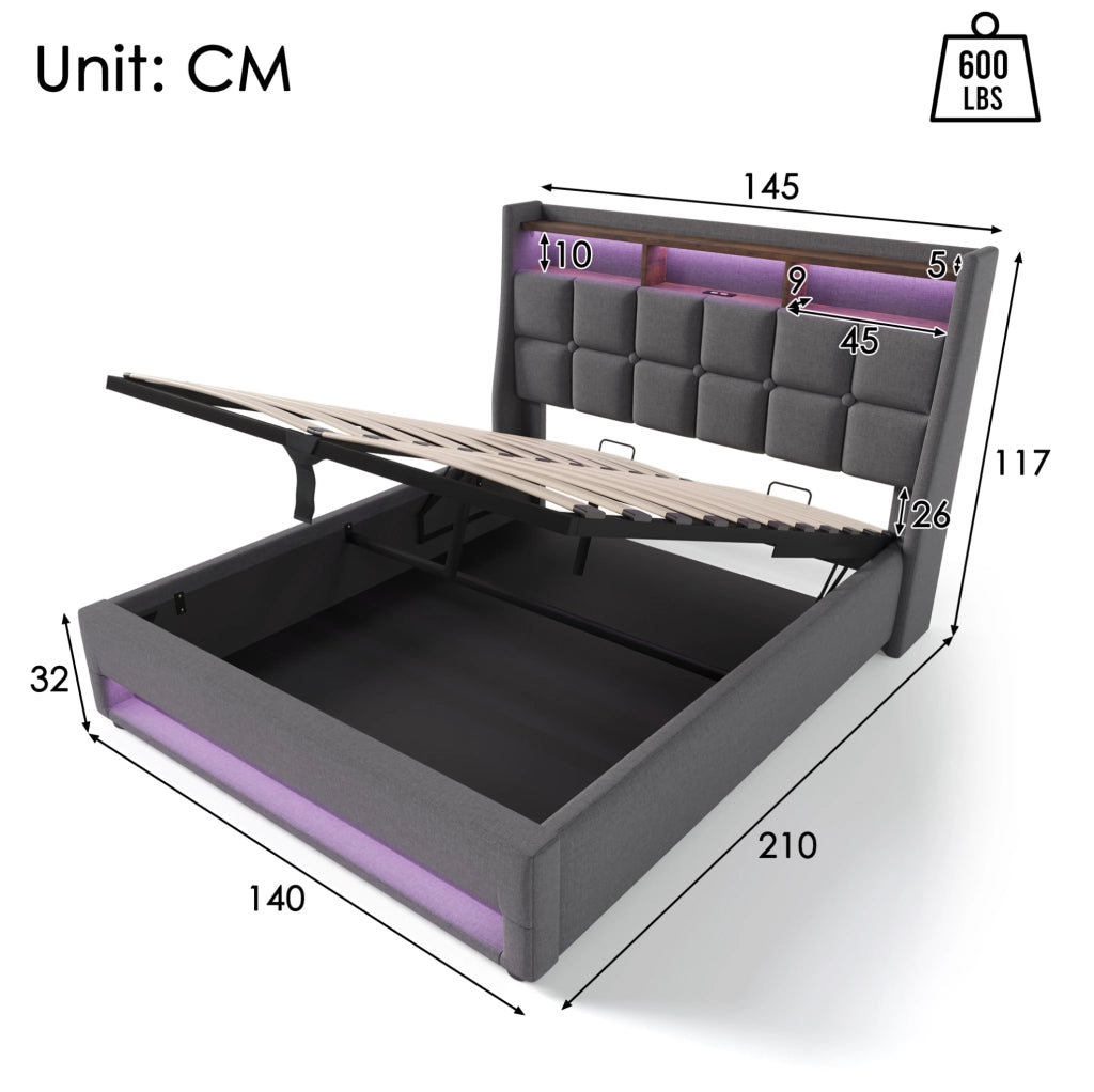 Letto imbottito grigio 140x200 cm con LED, USB e contenitore
