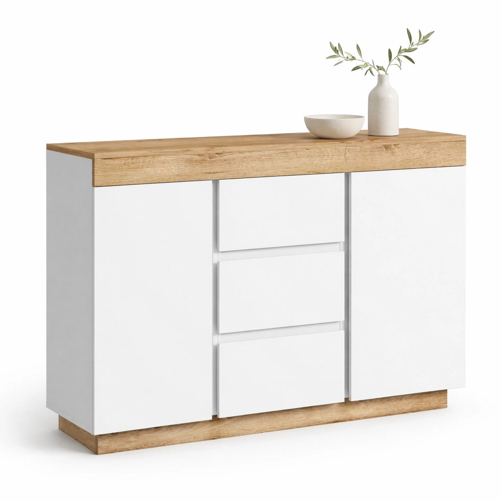 Comò classico bianco e rovere con 3 cassetti e 2 ante