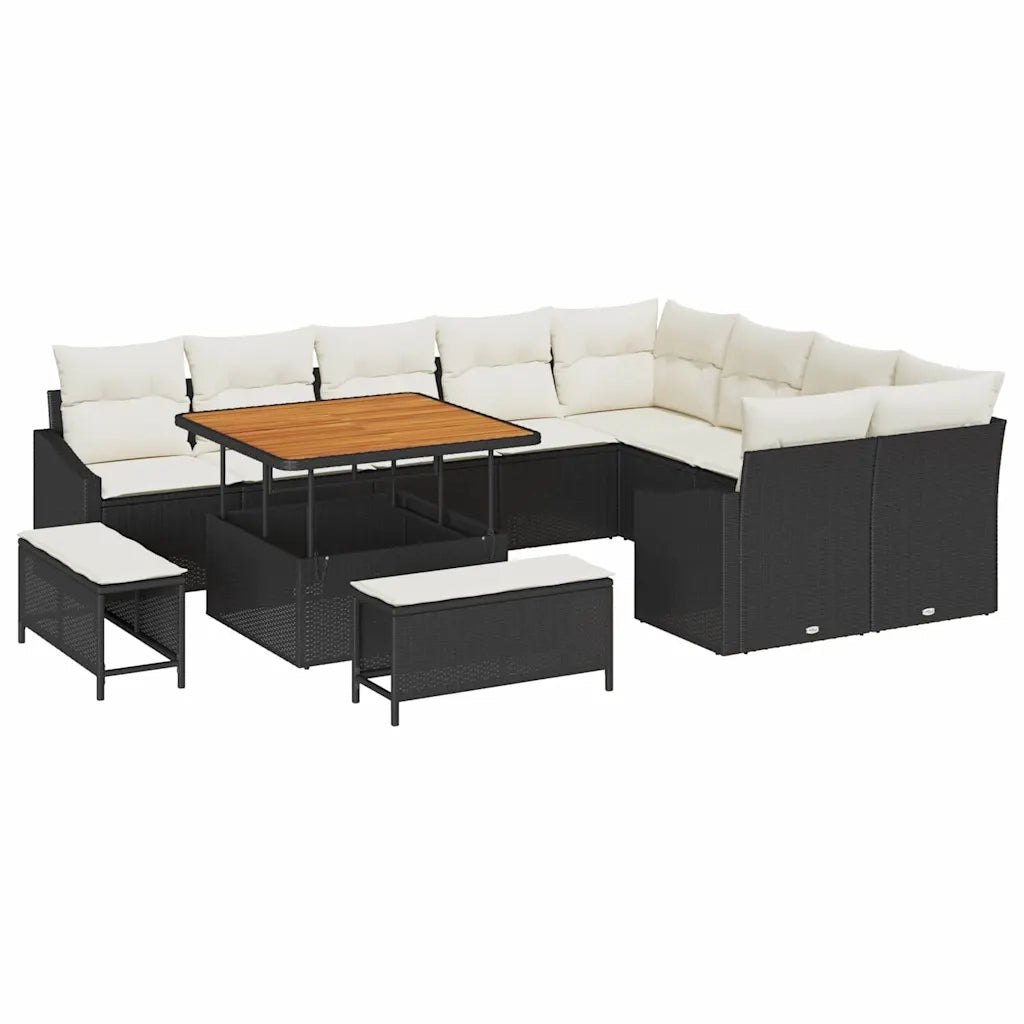 Set Divano da Giardino con cuscino 12 pcs Nero Poly Rattan