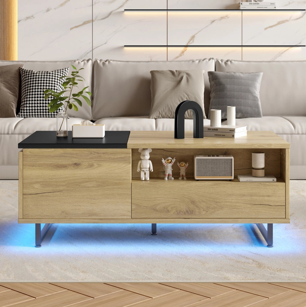 Tavolino da caffè sollevabile con LED blu, cassetto e vani, 103,5 cm