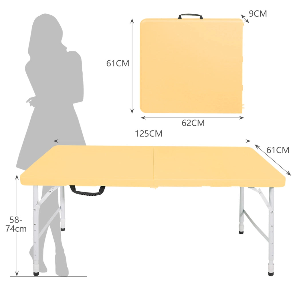 Tavolo pieghevole portatile 125 cm con altezza regolabile, struttura in ferro e plastica, colore giallo