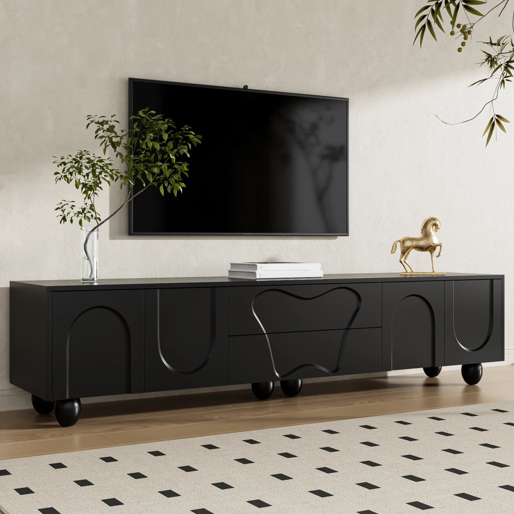 Mobile TV nero 180 cm con gambe in legno massello e ampio spazio contenitivo