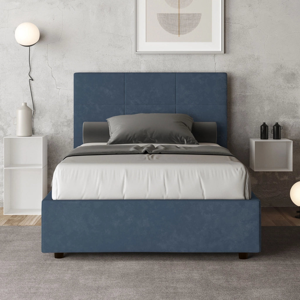 BS COM Letto una piazza e mezza con rete imbottito 120x200 microfibra blu