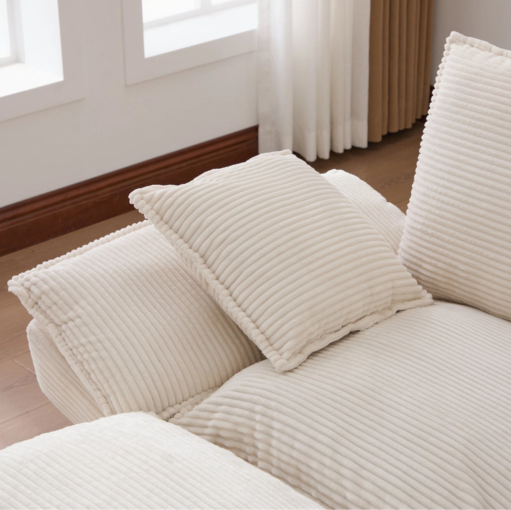 Divano 2 posti con pouf contenitore e USB-C; velluto a coste beige; 190x132x84 cm
