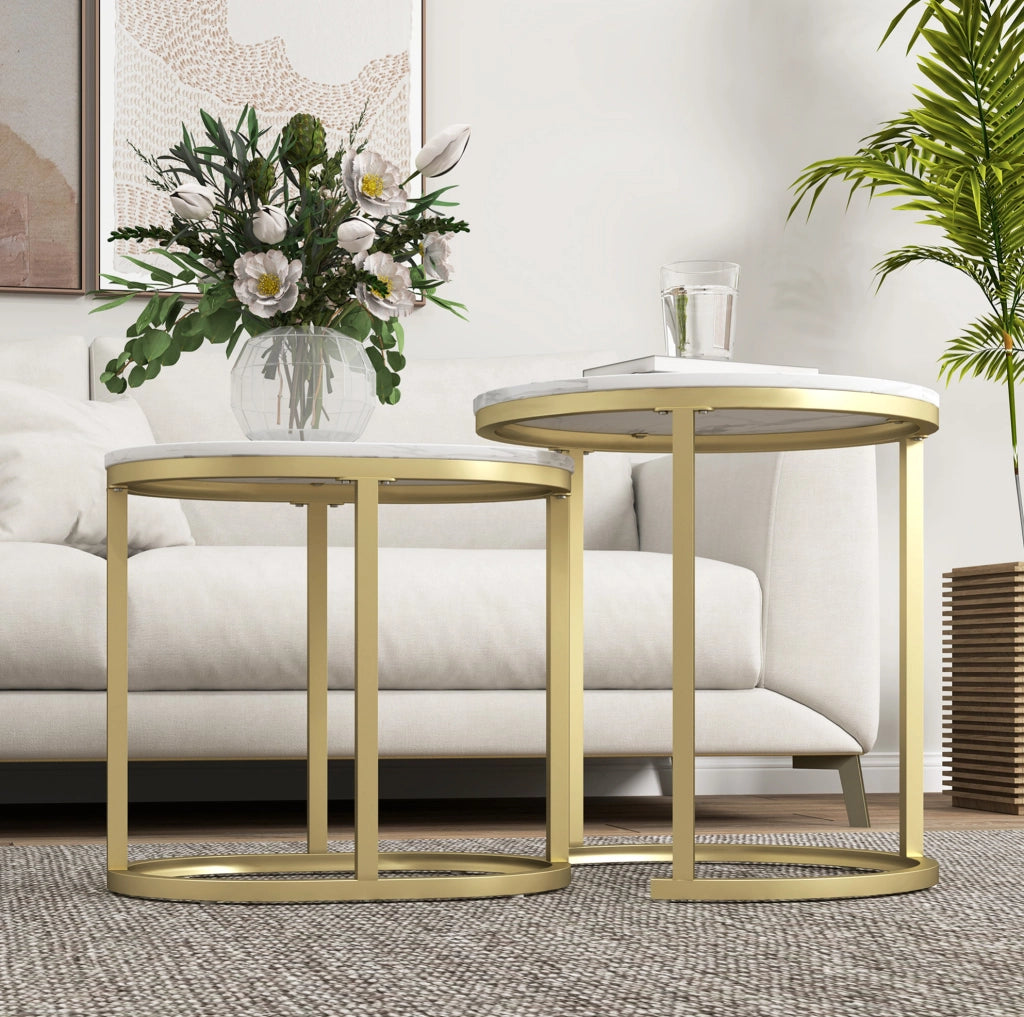 TAVOLINI DA SALOTTO Set da 2 pezzi Ø50 cm e 60x36 cm MDF Bianco