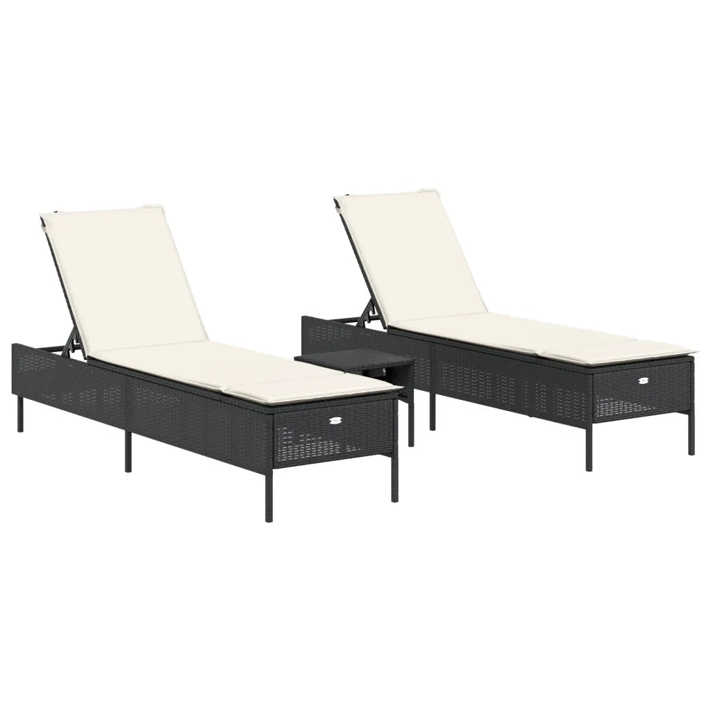 Set Lettini Prendisole con Cuscini 3pz Nero in Polyrattan 3284263