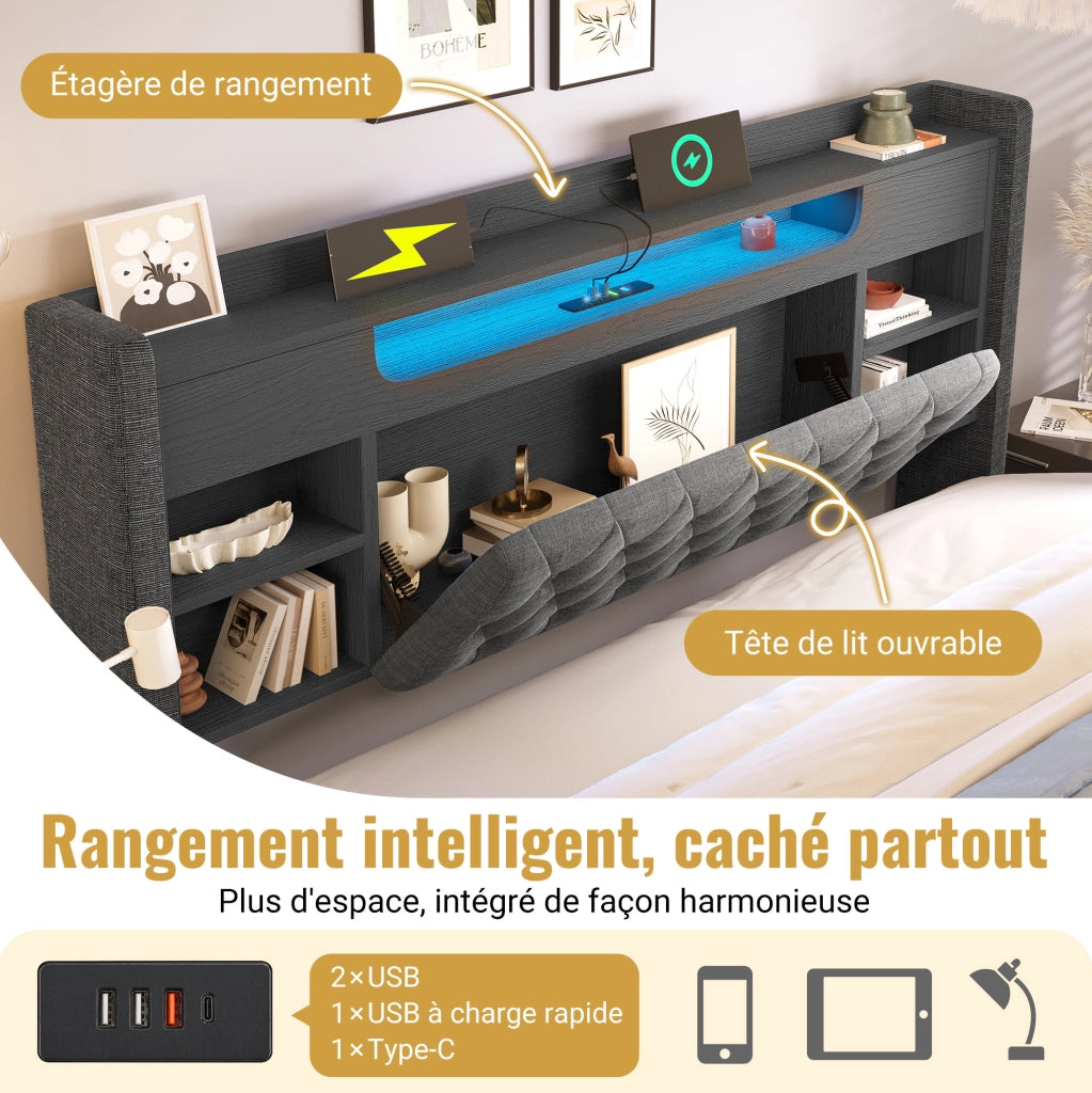 Letto contenitore 140 × 190 cm con LED; USB/USB-C; testiera con ripiani; lino grigio