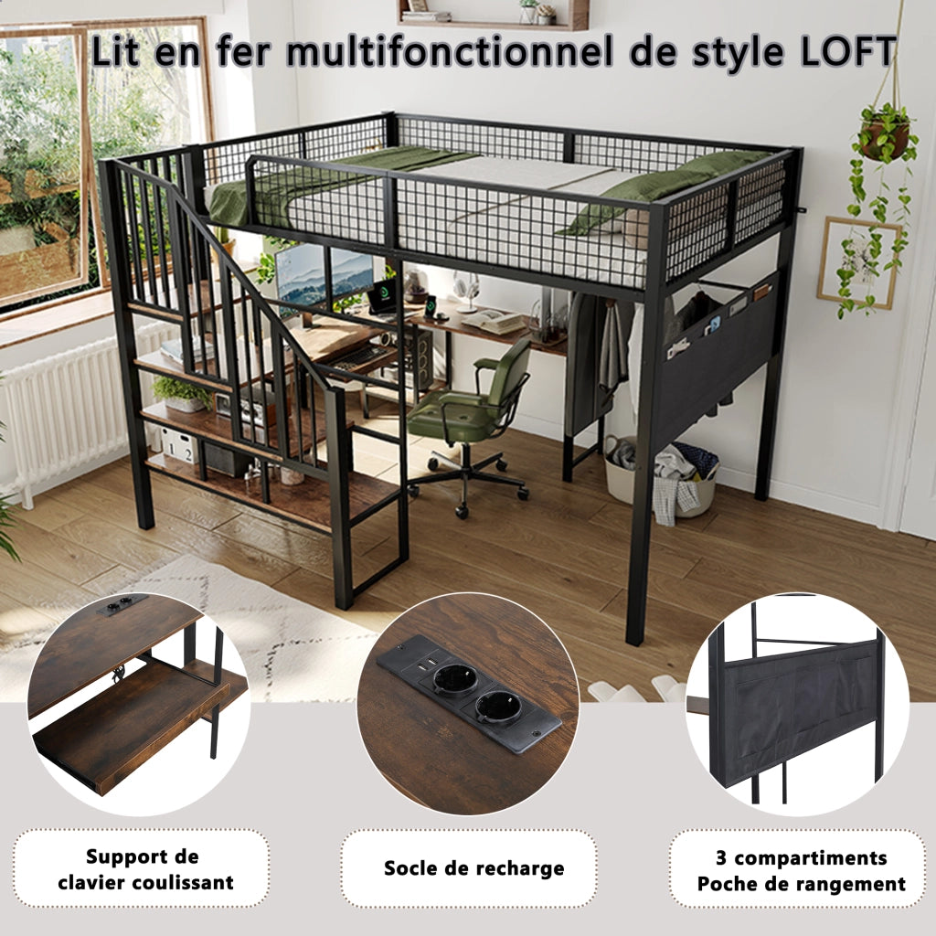 Letto a soppalco 2 posti 140 x 200 cm con presa, scrivania d'angolo in L e mensola tastiera, letto matrimoniale con tasca laterale, rete inclusa, nero