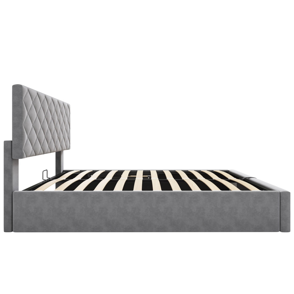 Letto contenitore idraulico 140 × 200 cm con rete a doghe; velluto grigio