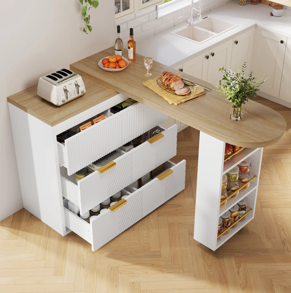 Tavolo bar ULEVR girevole 128-203x39x90 cm con 6 cassetti e ripiano laterale, bianco
