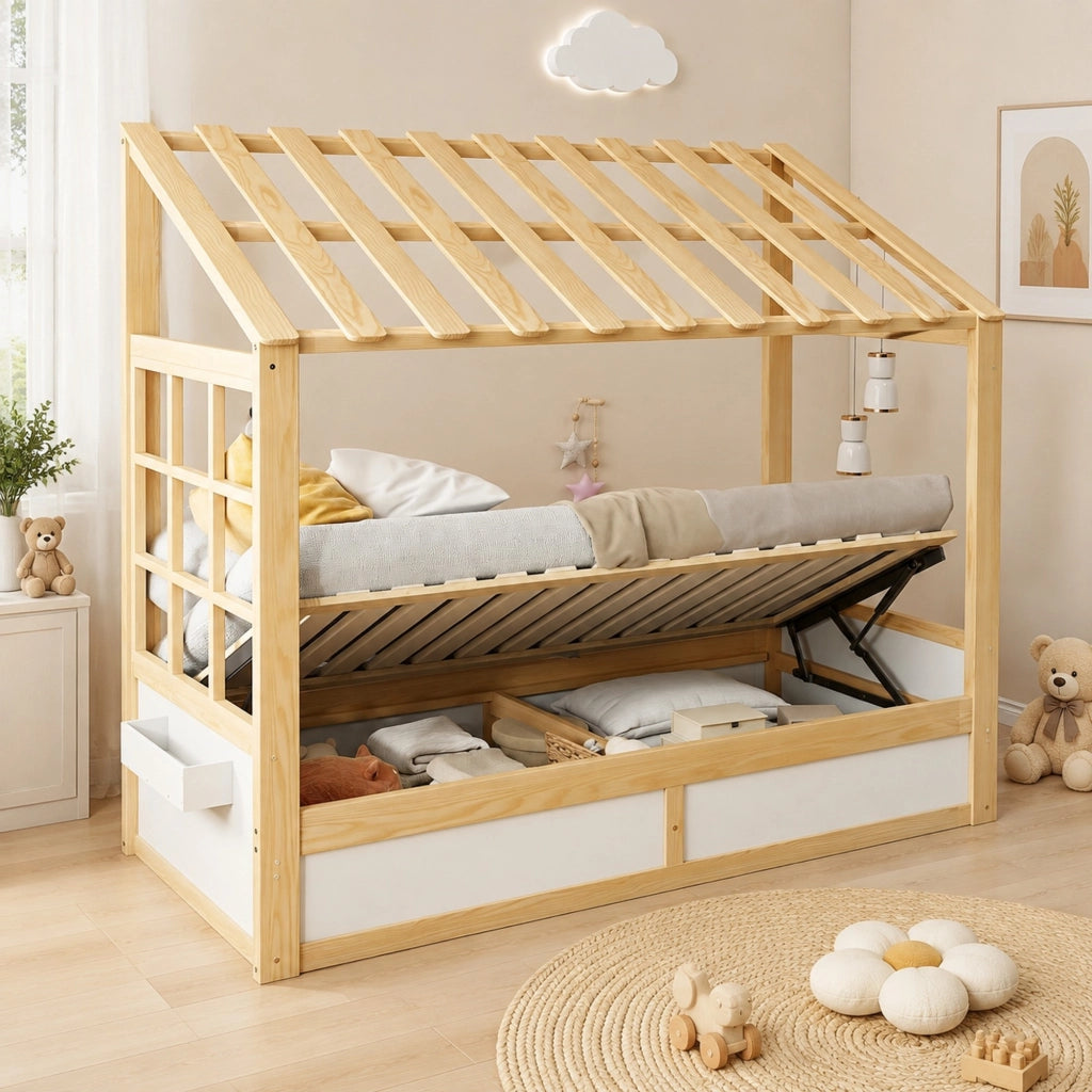 Letto per bambini 90x200 cm con tetto e vano contenitore
