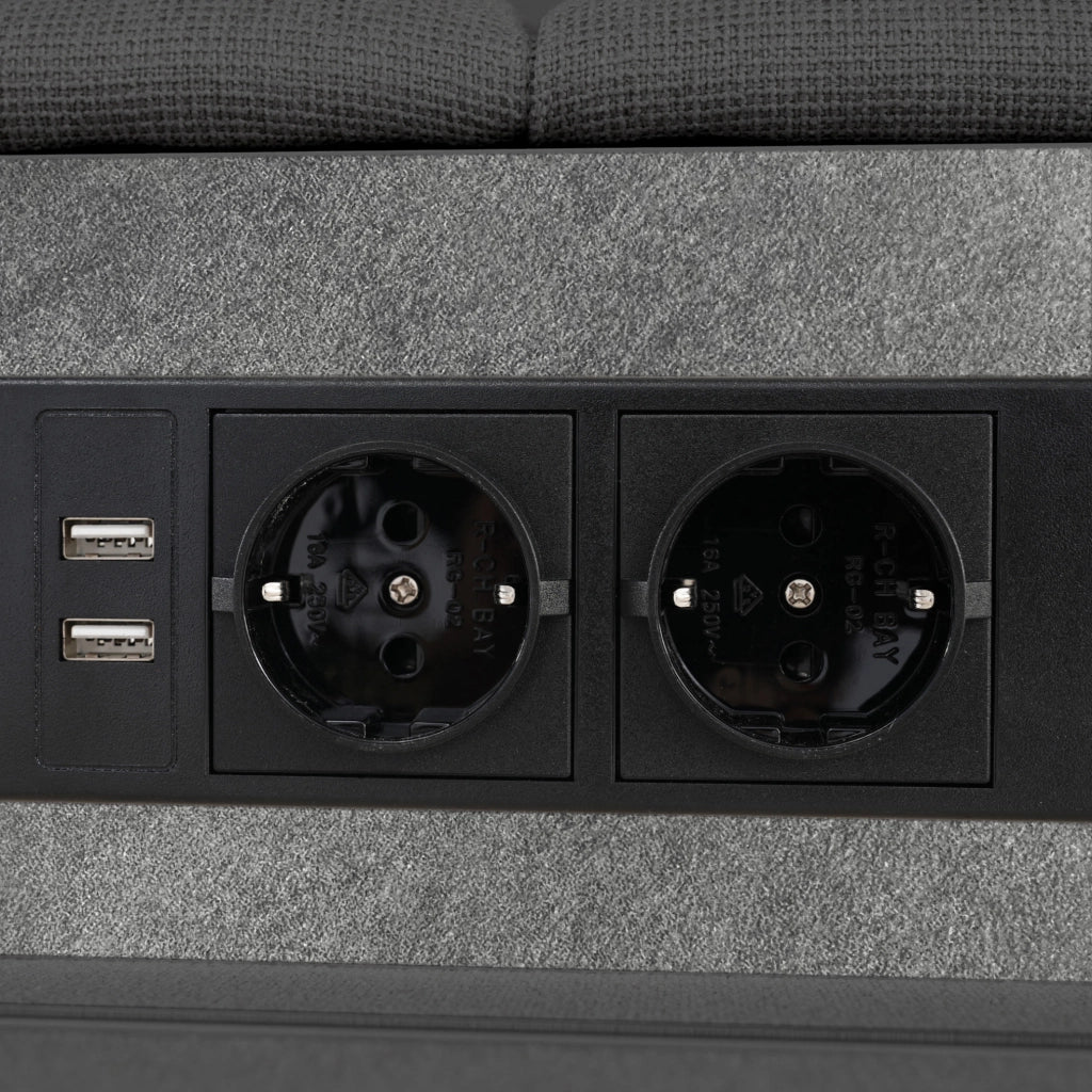 Letto 180x200 cm con LED, prese USB e 4 cassetti in lino grigio