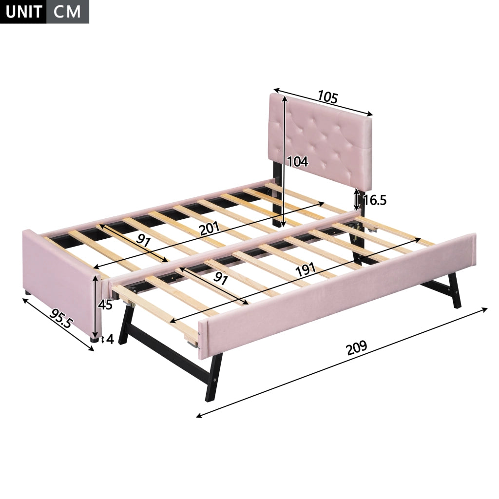 Letto Imbottito Singolo con Rete a Doghe e Contenitore ¨C MINIMAL ¨C Velluto Rosa 90x200