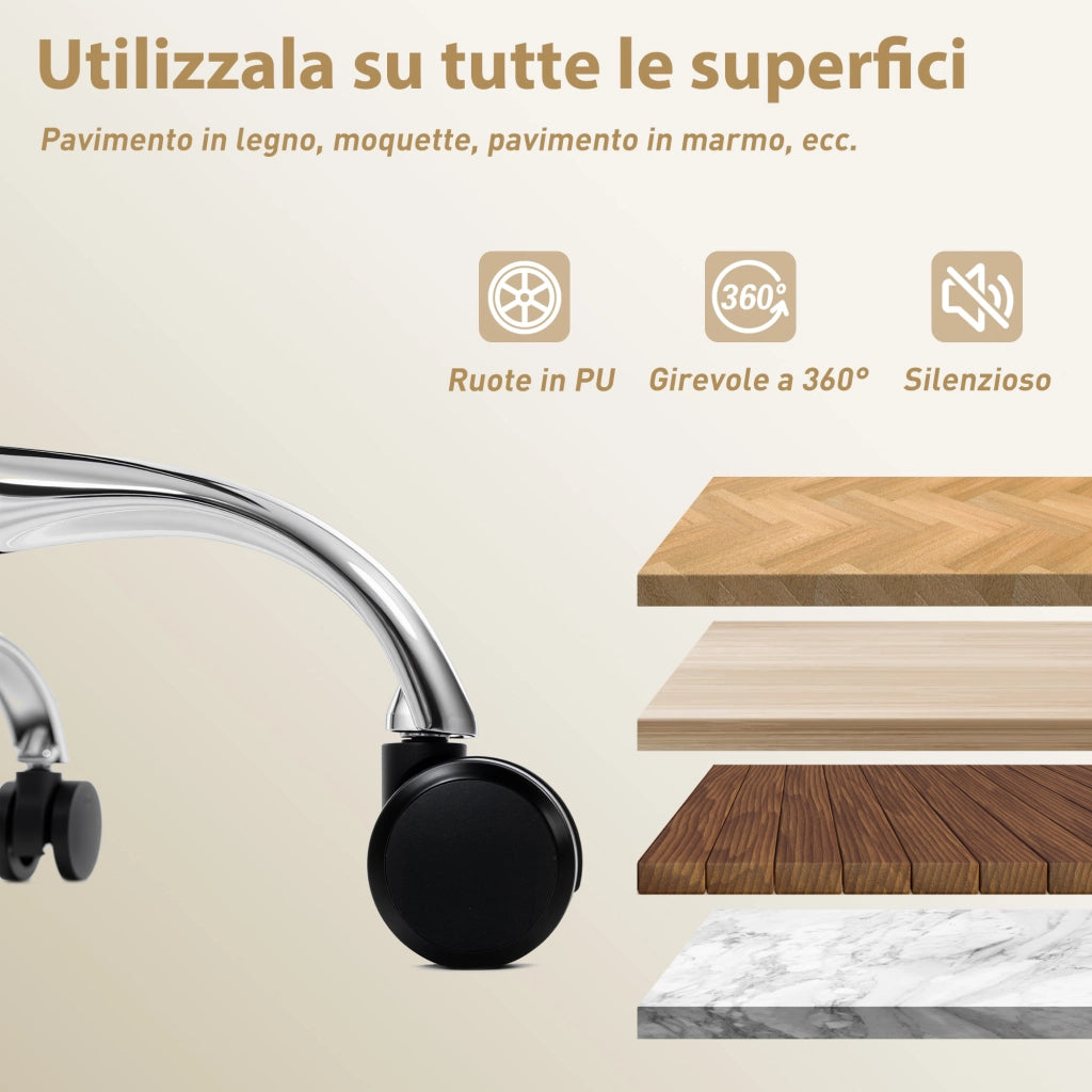 Sedia da Ufficio con Poggiapiedi e Poggiatesta, in Pelle PU, Schiuma e Metallo, 76x73x117-125 cm, Bianco Crema