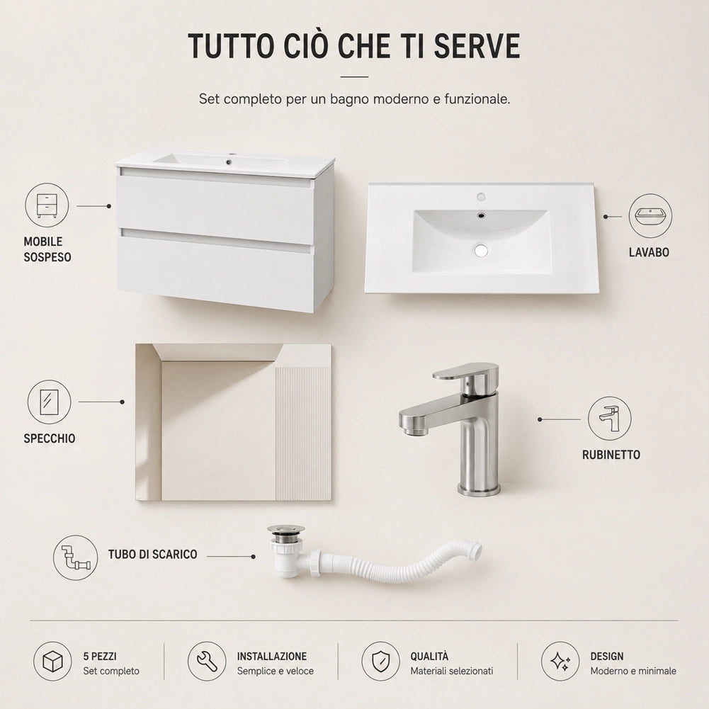 Mobile da Bagno Sospeso con Specchio e 2 Cassetti Otranto Larghezza 90cm Bianco