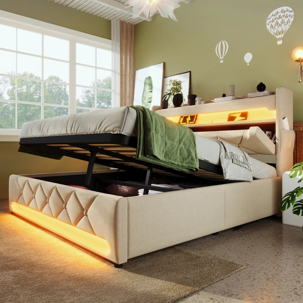 Letto matrimoniale 140 × 200 cm con materasso contenitore LED USB tipo C lino beige con testiera e rete a doghe