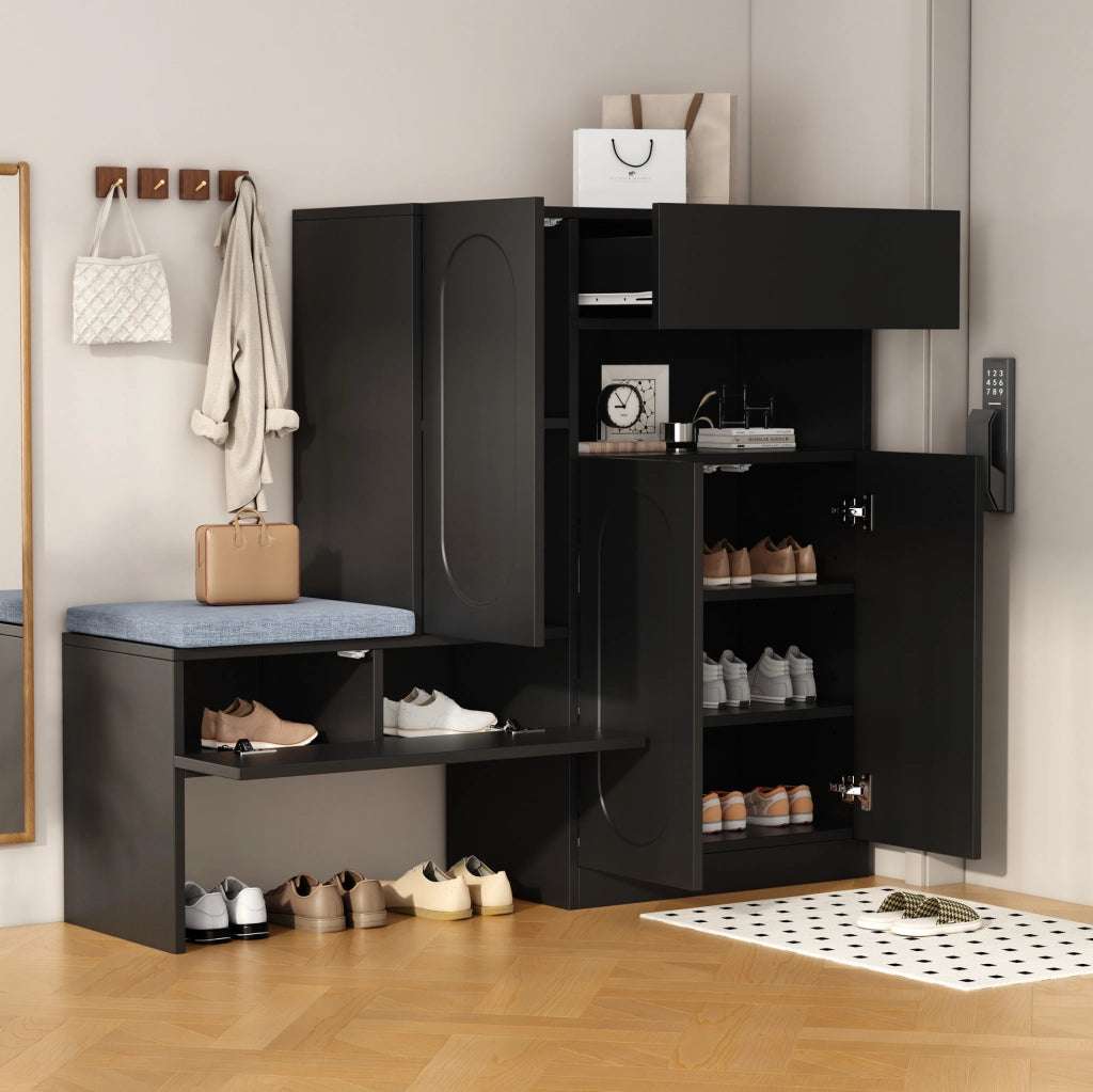 Scarpiera con panca 130x35x110 cm; ante con chiusura ammortizzata; pannello truciolare nero