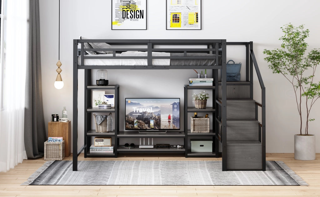 Letto mezzanino nero 140x200 mobile TV presa a presa scala sicura metallo + legno letto a castello con riporzione