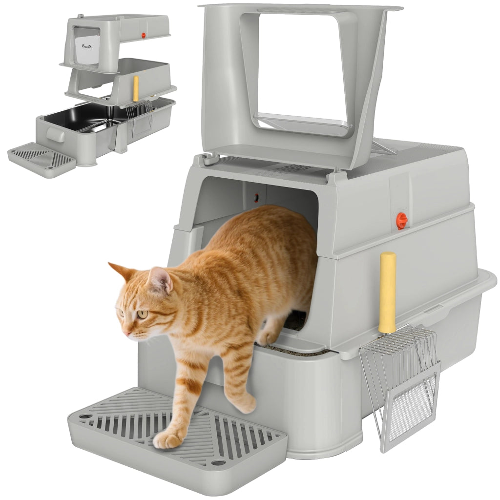 Lettiera per Gatti Chiusa con Vassoio Estraibile ¨C Minimal ¨C Grigio Chiaro 63x43x43 cm