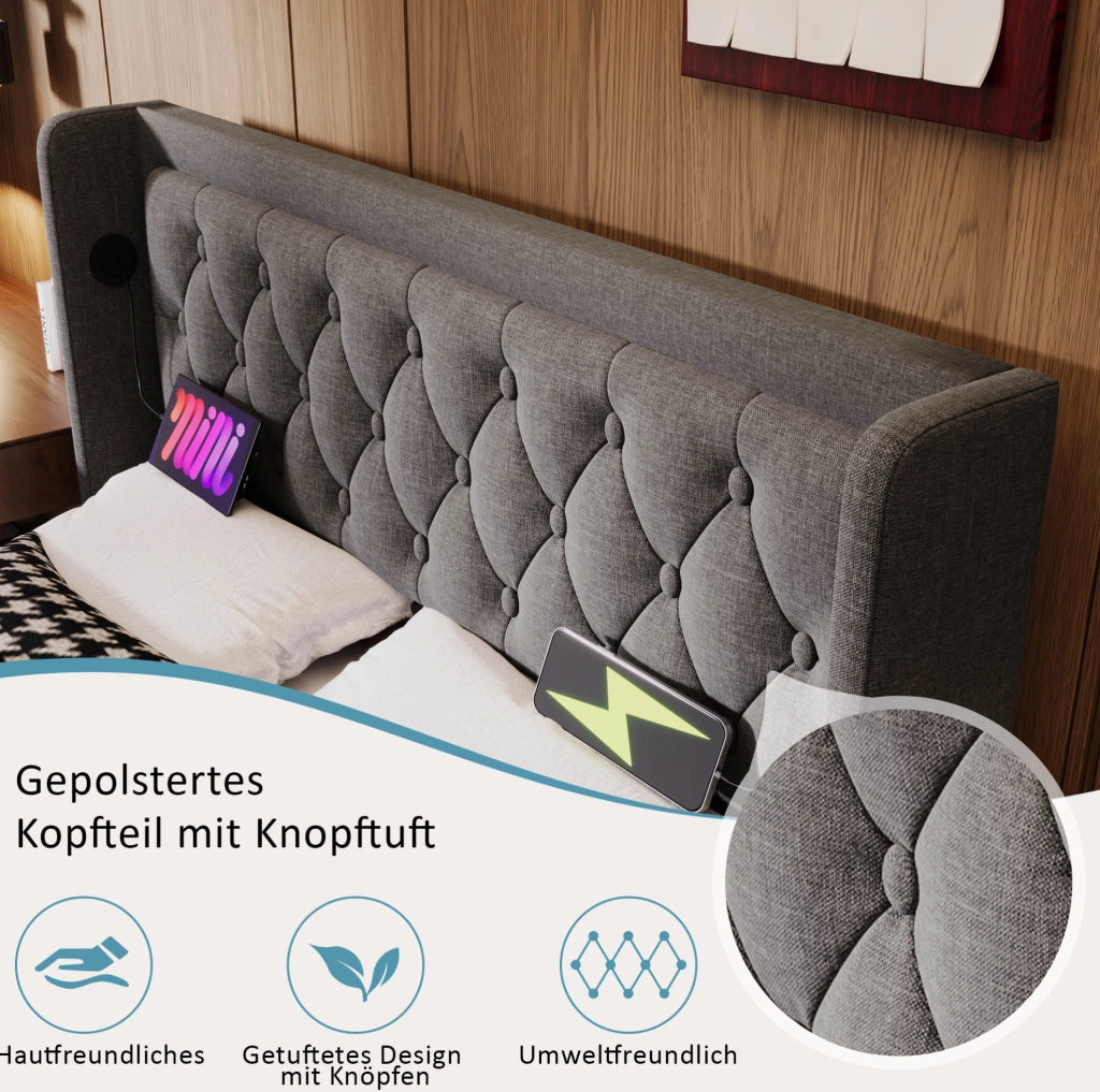 Letto contenitore 160 × 200 cm in cotone grigio con LED; USB e USB-C