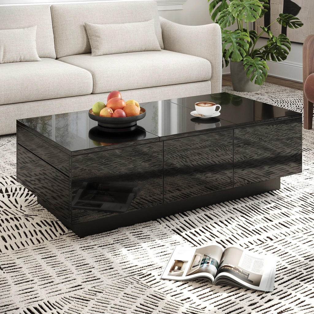 Tavolino da caff¨¨ moderno nero lucido con cassetti e scomparto scorrevole ¨C Tavolino rettangolare da soggiorno con ampio spazio contenitivo, design