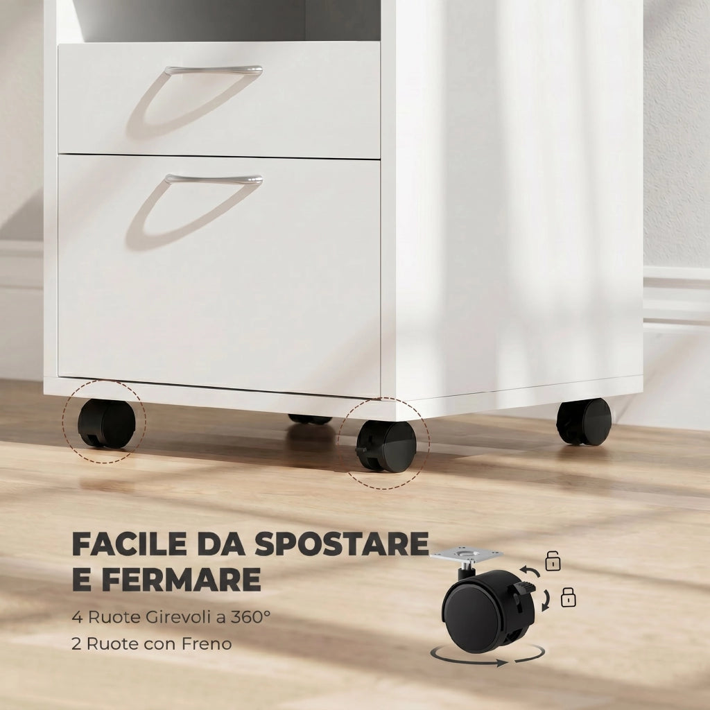 Cassettiera da Ufficio con Ruote a Freno Schedario Portadocumenti A4 Mobiletto Salvaspazio con Cassetto e Ripiano Aperto Bianco 40x35x60 cm
