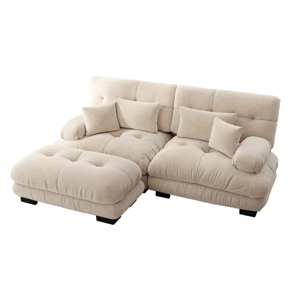 Divano Angolare con Ottoman ¨C MINIMAL ¨C Chenille, Braccioli Larghi, Tortora Chiaro