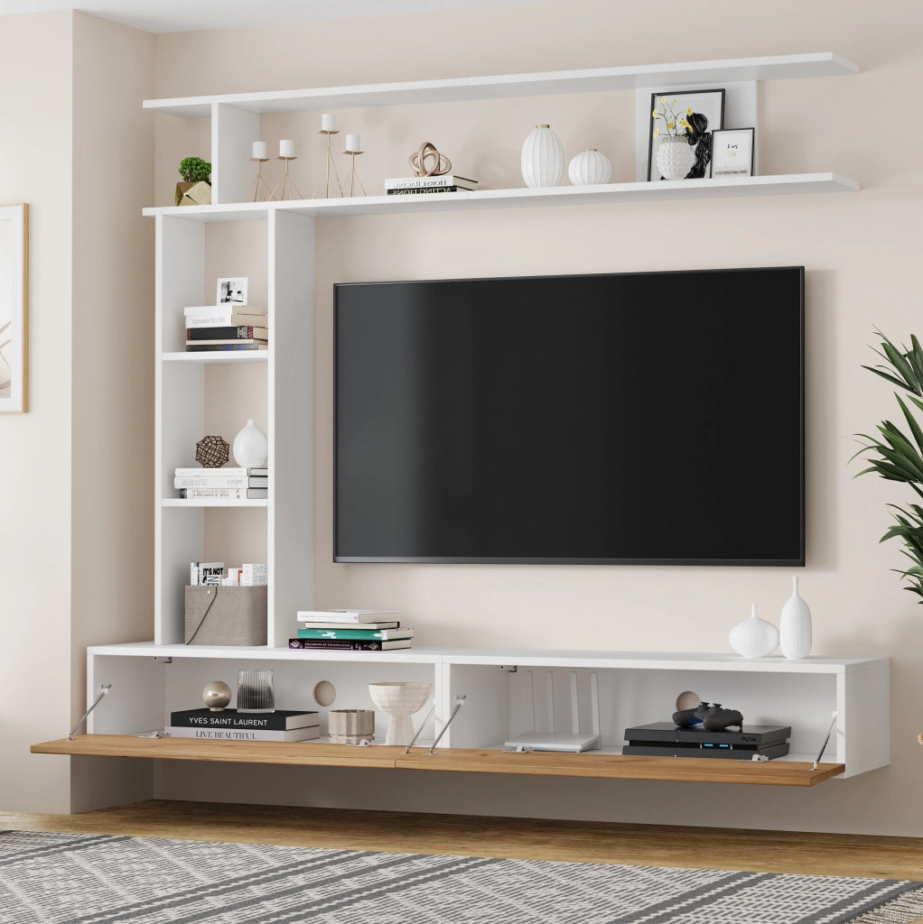 Set mobile TV con 2 ante e vani aperti; 180 cm; bianco e rovere