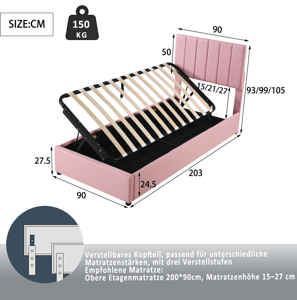 Letto imbottito per bambini 90x200 cm con contenitore idraulico e testiera regolabile