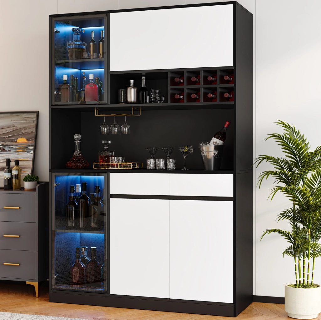 Highboard moderno con LED, vetrina e portabottiglie 120x35x180 cm