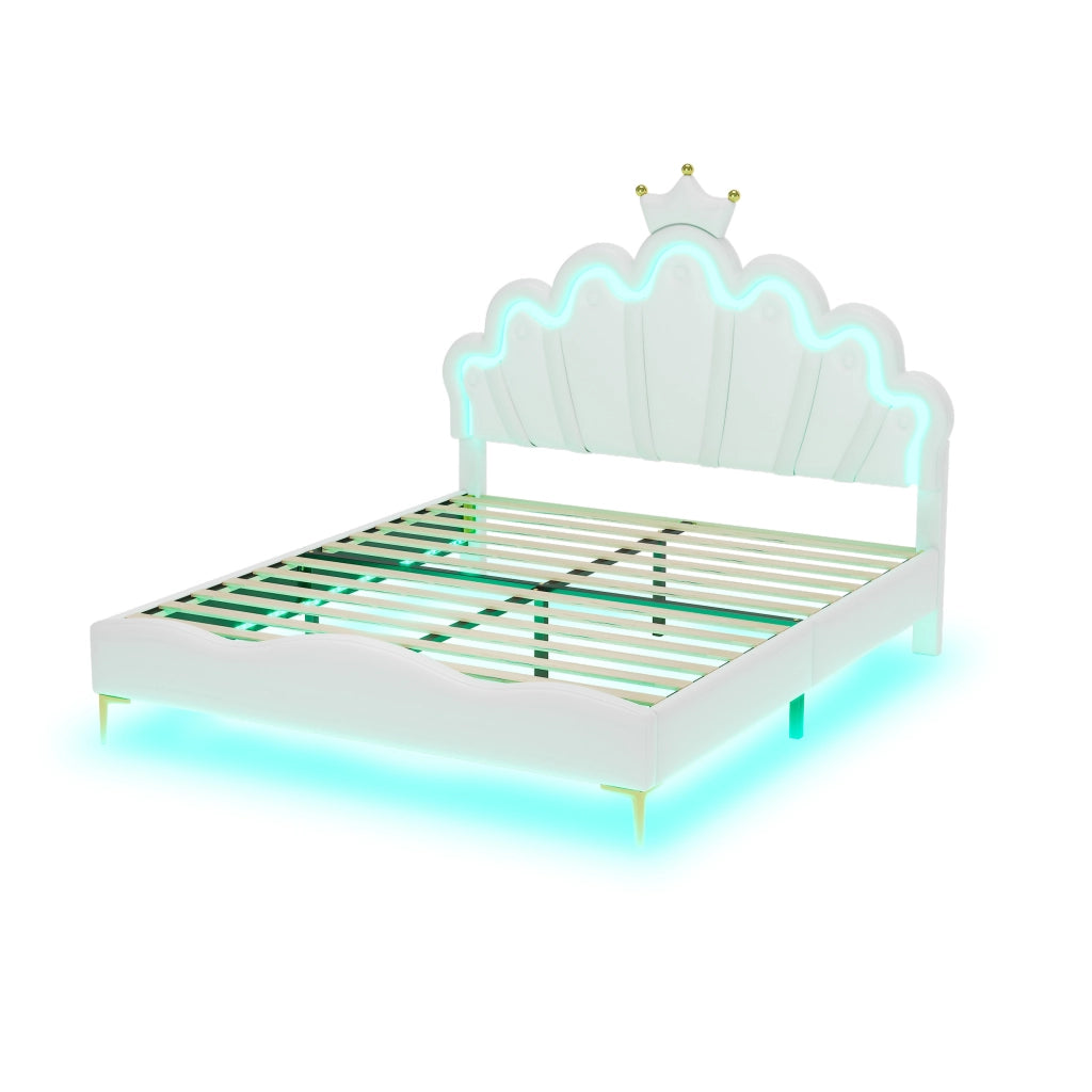 Crown Shape Princess Double Bed 140x200cm con strisce LED in PU bianca