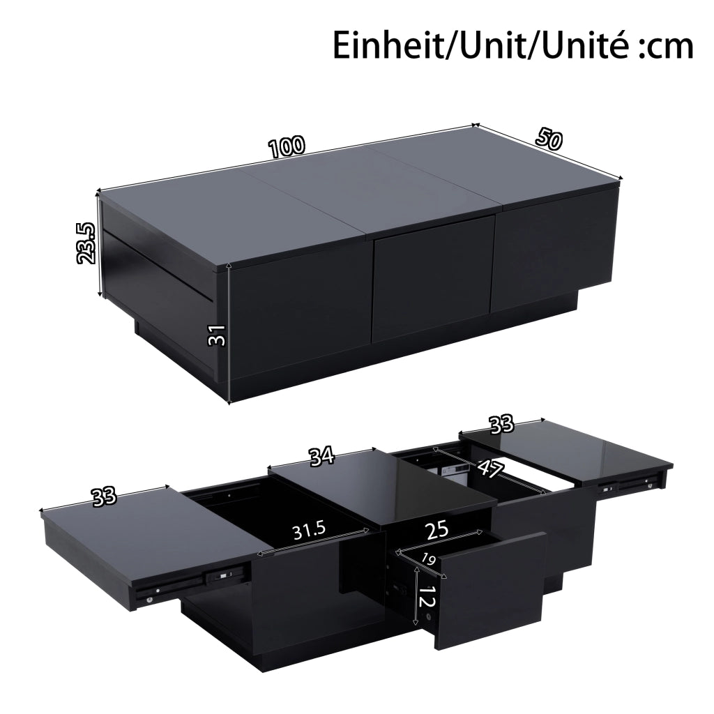 Tavolino da caff¨¨ moderno nero lucido con cassetti e scomparto scorrevole ¨C Tavolino rettangolare da soggiorno con ampio spazio contenitivo, design