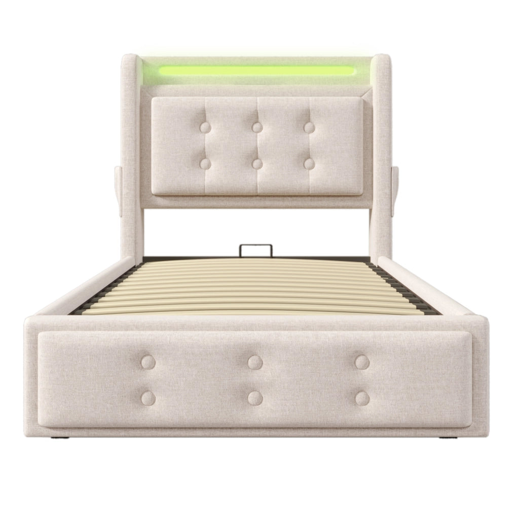Letto singolo contenitore 90 × 200 cm con LED; USB e Type-C; cotone-lino beige