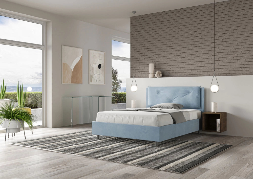 Letto Matrimoniale Francese 140x210 cm con Rete e Contenitore Imbottito in Microfibra Appia Large Azzurro