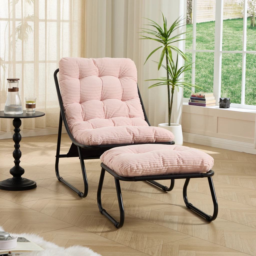 Poltrona reclinabile da esterno con poggiapiedi, cuscino imbottito, struttura nera e cuscino rosa