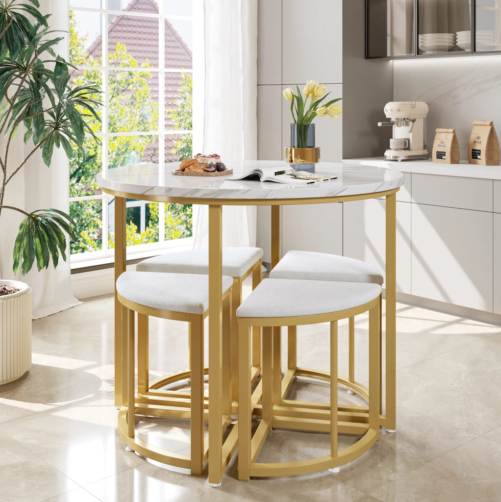 Set tavolo da pranzo rotondo 80 cm con 4 sedie bianco oro