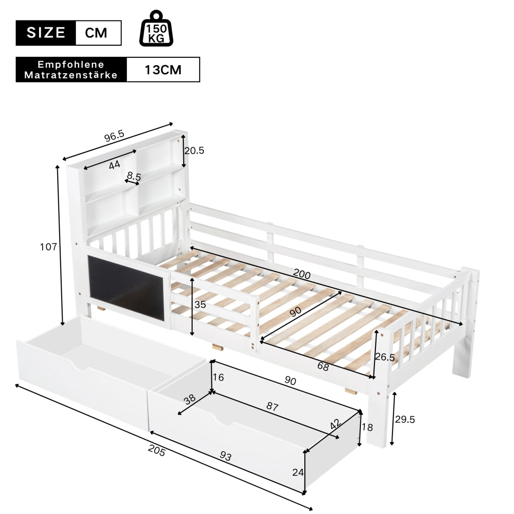 Letto per Bambini 90x200 cm con Lavagna; 2 Cassetti; Mensola e Sponda - Bianco