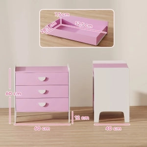 Comò per bambini con 3 cassetti, MDF, rosa e bianco