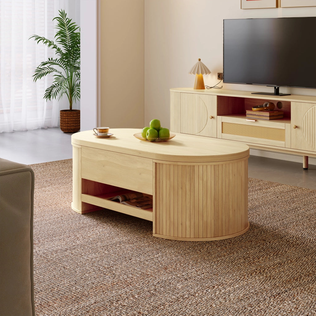 Tavolino da salotto con piano sollevabile 110x55;5x40 cm in MDF con lati in legno curvo color legno naturale