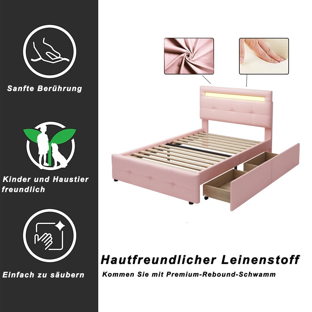 Letto Singolo Imbottito con LED e Cassetti ¨C MINIMAL ¨C Rosa, 90x200